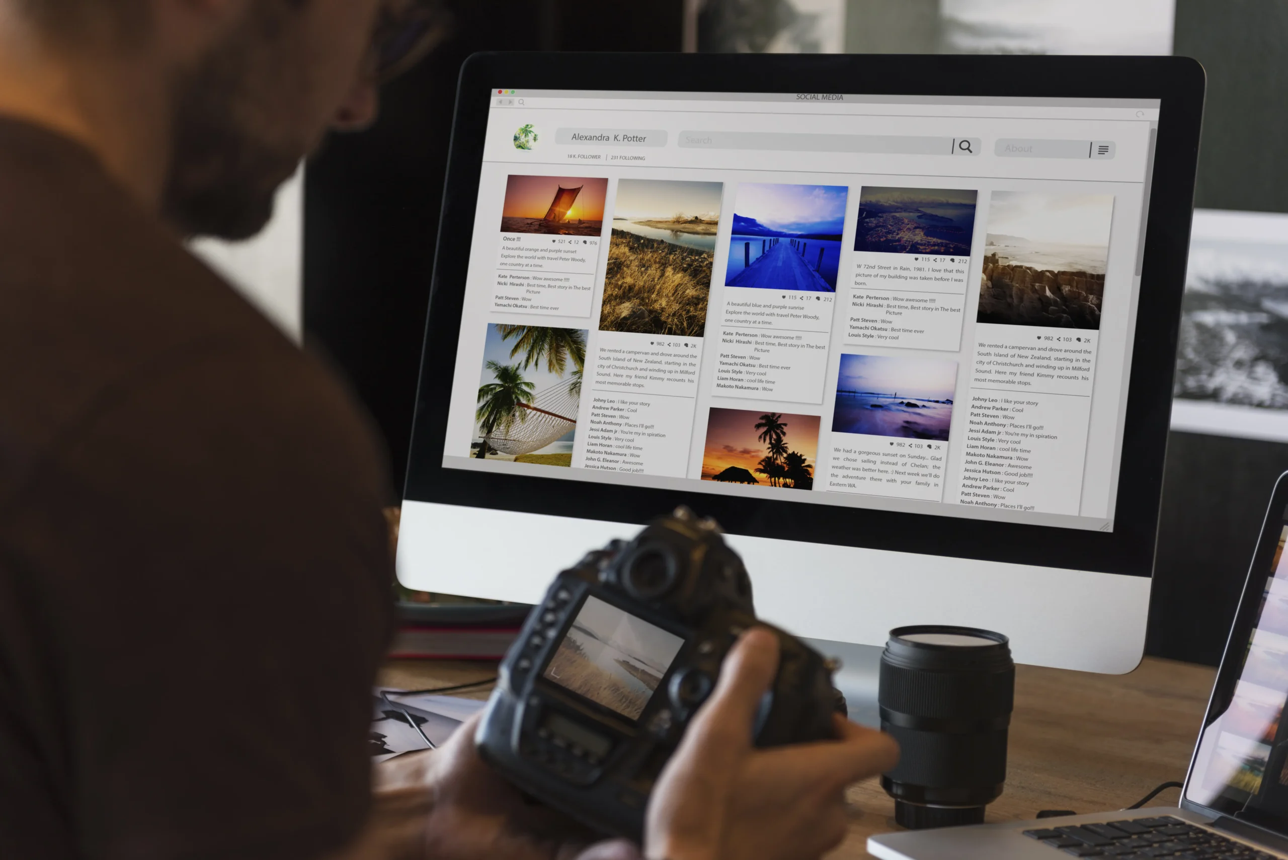 A person holds a camera while looking at a computer screen displaying a social media page filled with scenic photography